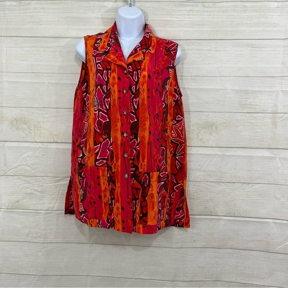 Casual Corner Vintage Silk Pink Orange Print Button Sleeveless Blouse - Picture 1 of 10